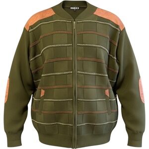 Inserch Olive Green Zip-Up Sweater Jacket W/ Suede Elbow Patches 2XL